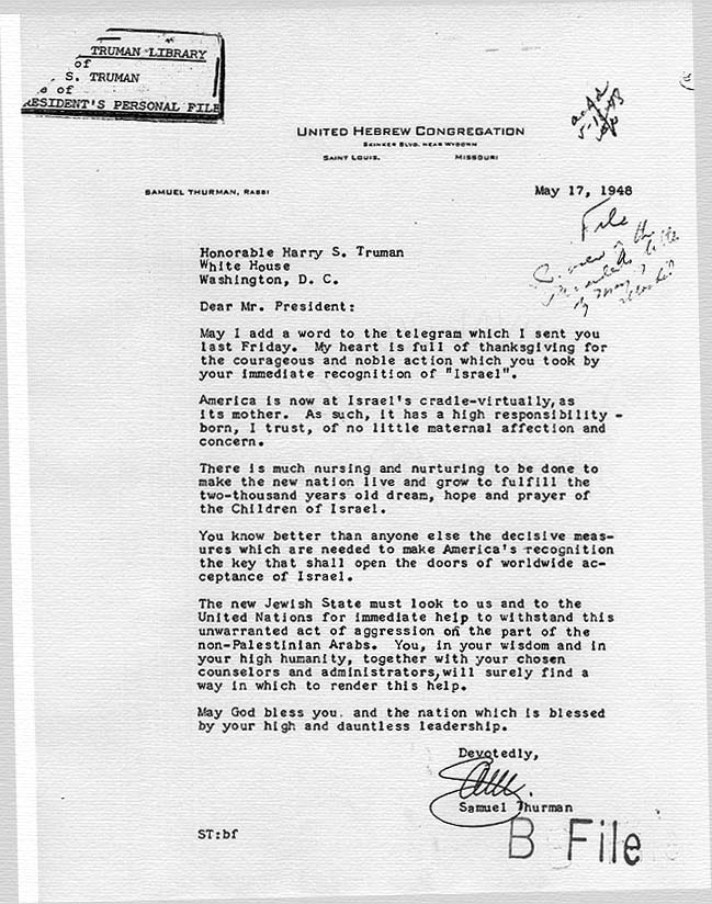 Correspondence between Rabbi Samuel Thurman and Harry S. Truman