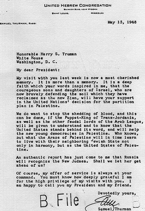 Correspondence between Rabbi Samuel Thurman and Harry S. Truman