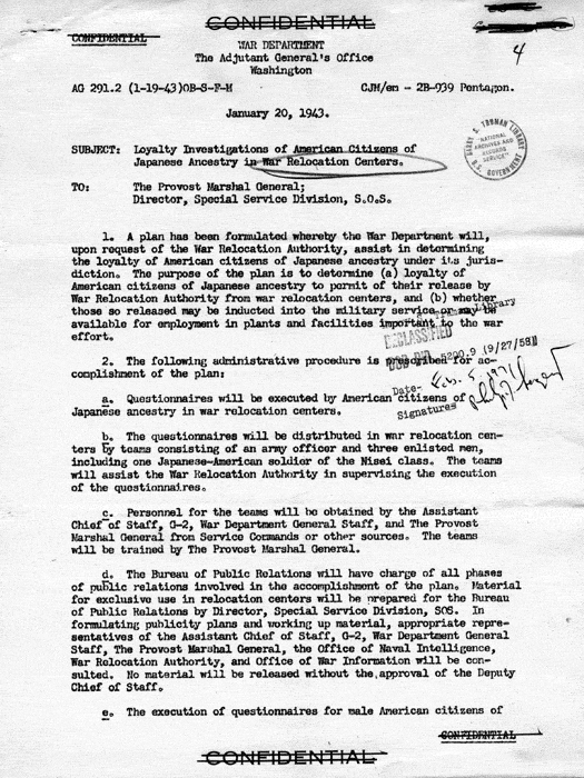 Memorandum, J. A. Ulio to the Provost Marshall General and the Director, Special Service Division, S. O. S., January 20, 1943. Papers of Philleo Nash.