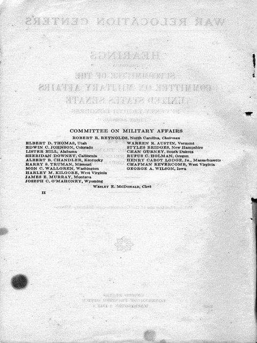 Senate Document, War Relocation Centers: Hearings Before a Subcommittee of the Committee on Military Affairs, United States Senate…, 1943, documenting hearings that occurred on January 20, 27, and 28, 1943. Papers of Dillon S. Myer. 