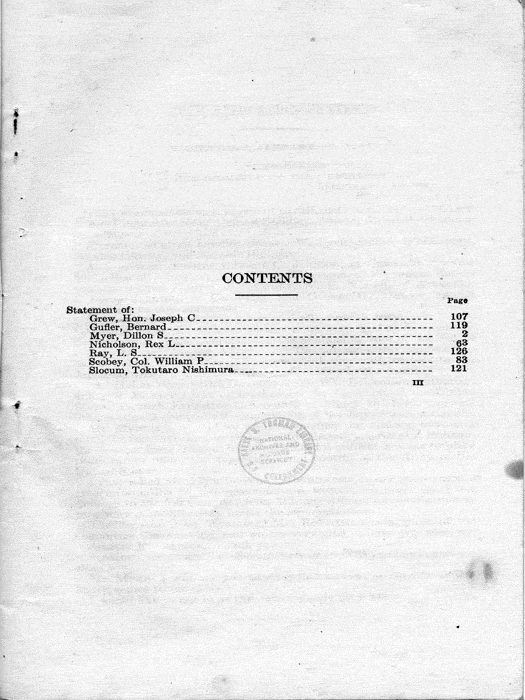 Senate Document, War Relocation Centers: Hearings Before a Subcommittee of the Committee on Military Affairs, United States Senate…, 1943, documenting hearings that occurred on January 20, 27, and 28, 1943. Papers of Dillon S. Myer. 