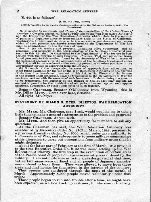 Senate Document, War Relocation Centers: Hearings Before a Subcommittee of the Committee on Military Affairs, United States Senate…, 1943, documenting hearings that occurred on January 20, 27, and 28, 1943. Papers of Dillon S. Myer. 