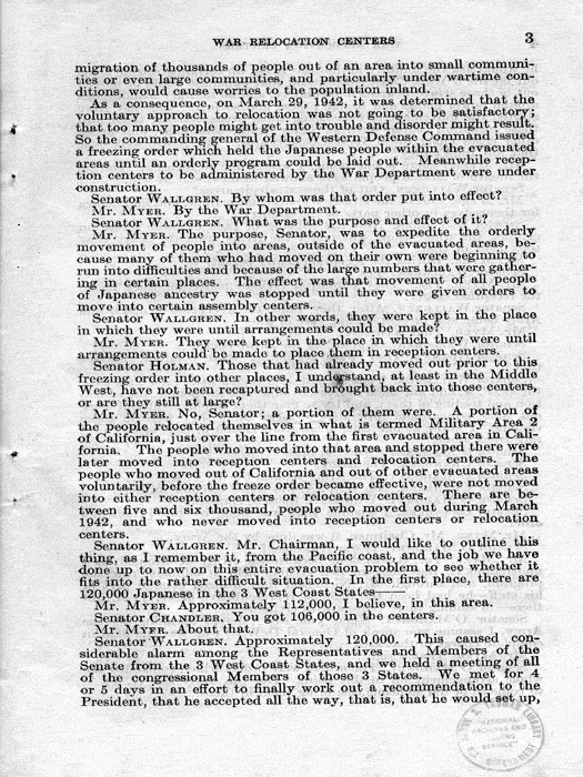 Senate Document, War Relocation Centers: Hearings Before a Subcommittee of the Committee on Military Affairs, United States Senate…, 1943, documenting hearings that occurred on January 20, 27, and 28, 1943. Papers of Dillon S. Myer. 