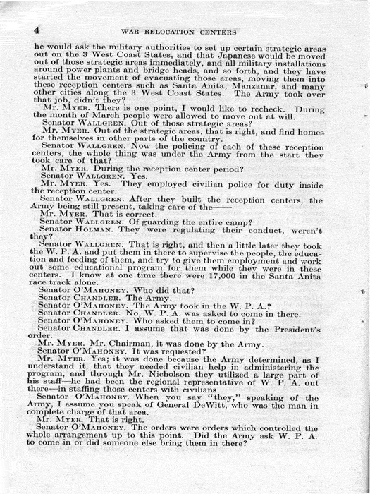 Senate Document, War Relocation Centers: Hearings Before a Subcommittee of the Committee on Military Affairs, United States Senate…, 1943, documenting hearings that occurred on January 20, 27, and 28, 1943. Papers of Dillon S. Myer. 