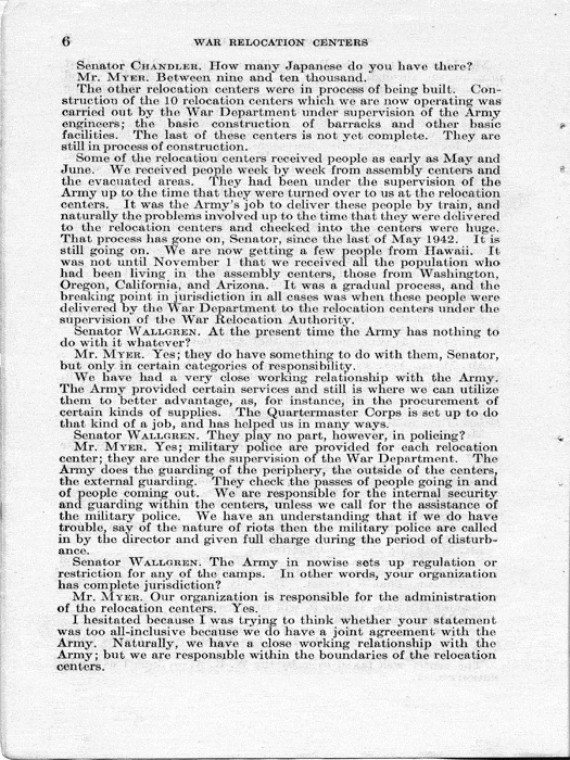 Senate Document, War Relocation Centers: Hearings Before a Subcommittee of the Committee on Military Affairs, United States Senate…, 1943, documenting hearings that occurred on January 20, 27, and 28, 1943. Papers of Dillon S. Myer. 