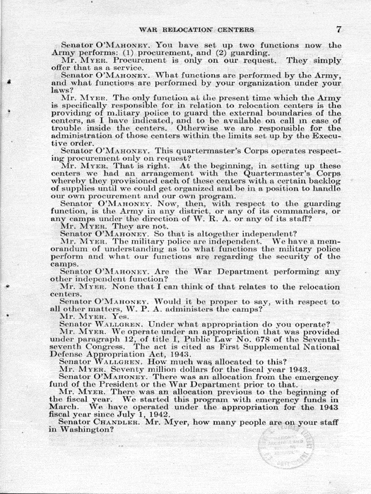 Senate Document, War Relocation Centers: Hearings Before a Subcommittee of the Committee on Military Affairs, United States Senate…, 1943, documenting hearings that occurred on January 20, 27, and 28, 1943. Papers of Dillon S. Myer. 