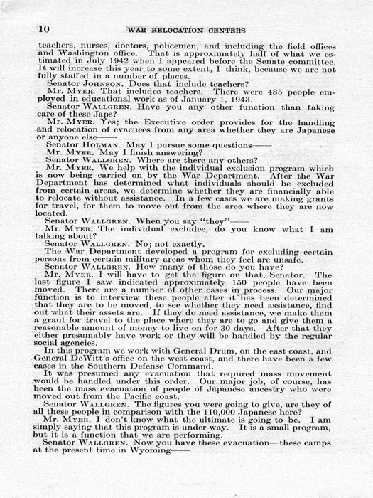 Senate Document, War Relocation Centers: Hearings Before a Subcommittee of the Committee on Military Affairs, United States Senate…, 1943, documenting hearings that occurred on January 20, 27, and 28, 1943. Papers of Dillon S. Myer. 