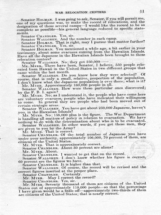 Senate Document, War Relocation Centers: Hearings Before a Subcommittee of the Committee on Military Affairs, United States Senate…, 1943, documenting hearings that occurred on January 20, 27, and 28, 1943. Papers of Dillon S. Myer. 