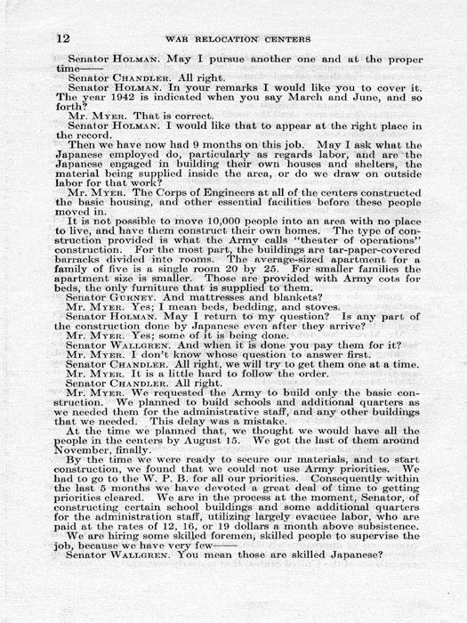 Senate Document, War Relocation Centers: Hearings Before a Subcommittee of the Committee on Military Affairs, United States Senate…, 1943, documenting hearings that occurred on January 20, 27, and 28, 1943. Papers of Dillon S. Myer. 