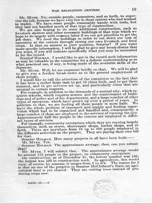 Senate Document, War Relocation Centers: Hearings Before a Subcommittee of the Committee on Military Affairs, United States Senate…, 1943, documenting hearings that occurred on January 20, 27, and 28, 1943. Papers of Dillon S. Myer. 