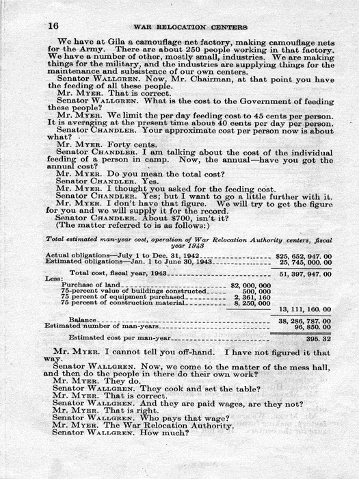 Senate Document, War Relocation Centers: Hearings Before a Subcommittee of the Committee on Military Affairs, United States Senate…, 1943, documenting hearings that occurred on January 20, 27, and 28, 1943. Papers of Dillon S. Myer. 