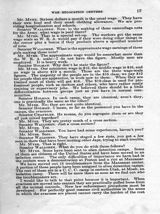 Senate Document, War Relocation Centers: Hearings Before a Subcommittee of the Committee on Military Affairs, United States Senate…, 1943, documenting hearings that occurred on January 20, 27, and 28, 1943. Papers of Dillon S. Myer. 