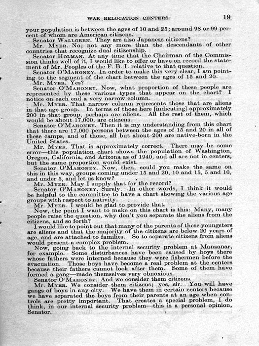Senate Document, War Relocation Centers: Hearings Before a Subcommittee of the Committee on Military Affairs, United States Senate…, 1943, documenting hearings that occurred on January 20, 27, and 28, 1943. Papers of Dillon S. Myer. 