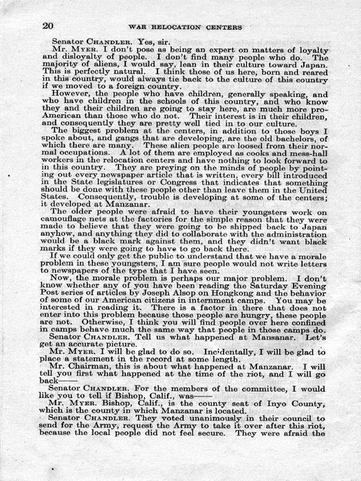 Senate Document, War Relocation Centers: Hearings Before a Subcommittee of the Committee on Military Affairs, United States Senate…, 1943, documenting hearings that occurred on January 20, 27, and 28, 1943. Papers of Dillon S. Myer. 