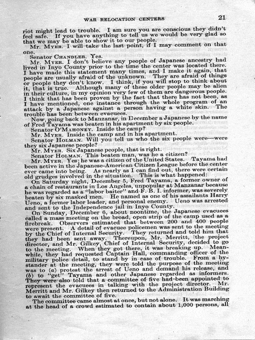 Senate Document, War Relocation Centers: Hearings Before a Subcommittee of the Committee on Military Affairs, United States Senate…, 1943, documenting hearings that occurred on January 20, 27, and 28, 1943. Papers of Dillon S. Myer. 