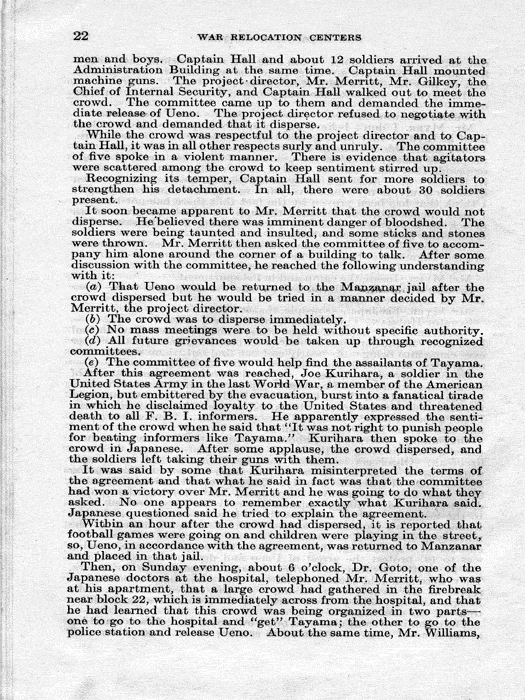 Senate Document, War Relocation Centers: Hearings Before a Subcommittee of the Committee on Military Affairs, United States Senate…, 1943, documenting hearings that occurred on January 20, 27, and 28, 1943. Papers of Dillon S. Myer. 