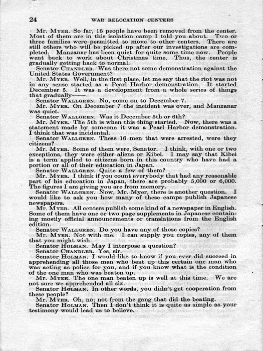 Senate Document, War Relocation Centers: Hearings Before a Subcommittee of the Committee on Military Affairs, United States Senate…, 1943, documenting hearings that occurred on January 20, 27, and 28, 1943. Papers of Dillon S. Myer. 