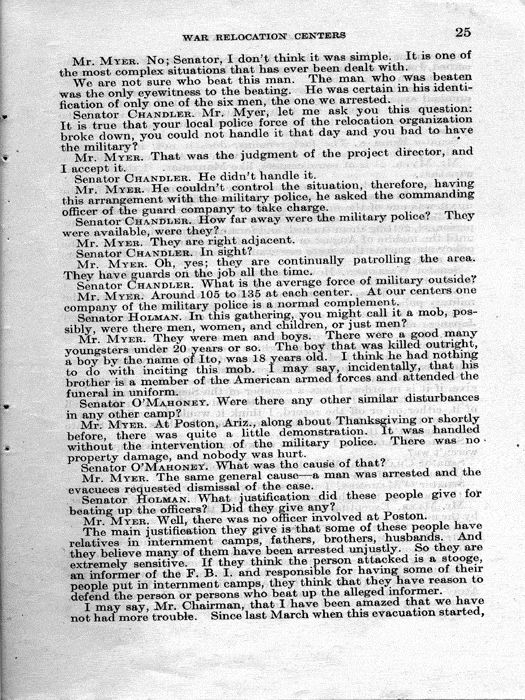 Senate Document, War Relocation Centers: Hearings Before a Subcommittee of the Committee on Military Affairs, United States Senate…, 1943, documenting hearings that occurred on January 20, 27, and 28, 1943. Papers of Dillon S. Myer. 