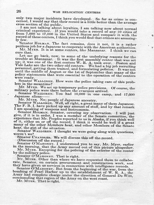 Senate Document, War Relocation Centers: Hearings Before a Subcommittee of the Committee on Military Affairs, United States Senate…, 1943, documenting hearings that occurred on January 20, 27, and 28, 1943. Papers of Dillon S. Myer. 