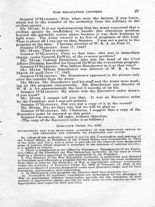 Senate Document, War Relocation Centers: Hearings Before a Subcommittee of the Committee on Military Affairs, United States Senate…, 1943, documenting hearings that occurred on January 20, 27, and 28, 1943. Papers of Dillon S. Myer. 