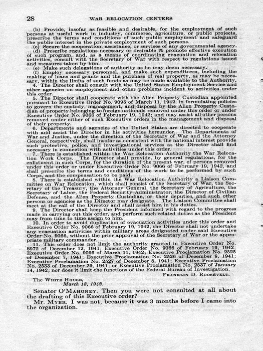 Senate Document, War Relocation Centers: Hearings Before a Subcommittee of the Committee on Military Affairs, United States Senate…, 1943, documenting hearings that occurred on January 20, 27, and 28, 1943. Papers of Dillon S. Myer. 