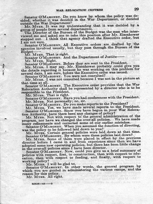 Senate Document, War Relocation Centers: Hearings Before a Subcommittee of the Committee on Military Affairs, United States Senate…, 1943, documenting hearings that occurred on January 20, 27, and 28, 1943. Papers of Dillon S. Myer. 