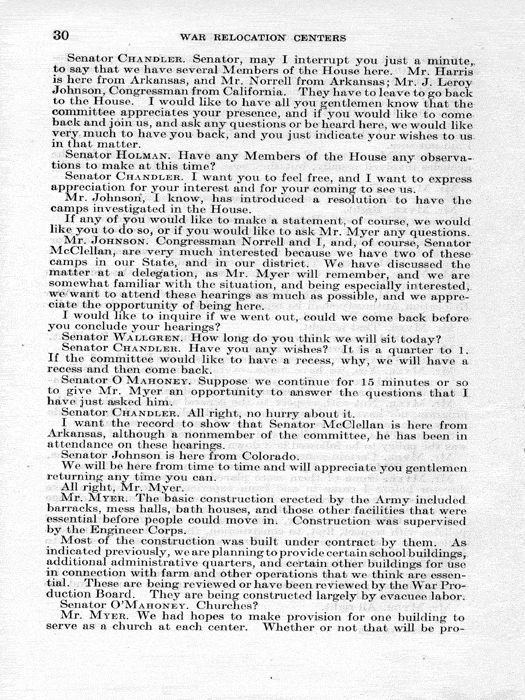 Senate Document, War Relocation Centers: Hearings Before a Subcommittee of the Committee on Military Affairs, United States Senate…, 1943, documenting hearings that occurred on January 20, 27, and 28, 1943. Papers of Dillon S. Myer. 