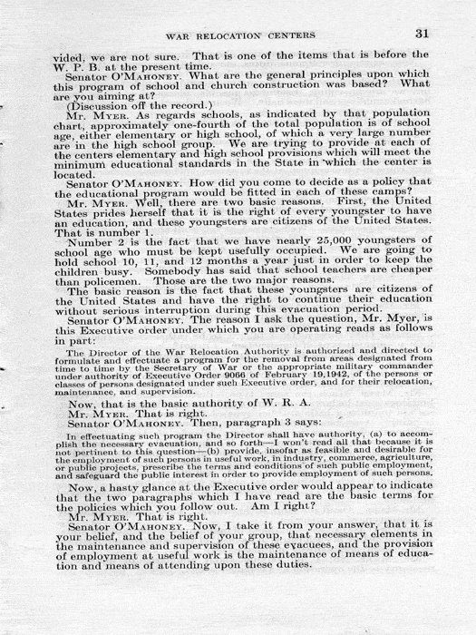 Senate Document, War Relocation Centers: Hearings Before a Subcommittee of the Committee on Military Affairs, United States Senate…, 1943, documenting hearings that occurred on January 20, 27, and 28, 1943. Papers of Dillon S. Myer. 