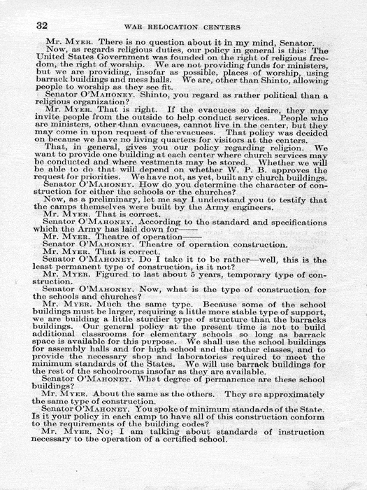 Senate Document, War Relocation Centers: Hearings Before a Subcommittee of the Committee on Military Affairs, United States Senate…, 1943, documenting hearings that occurred on January 20, 27, and 28, 1943. Papers of Dillon S. Myer. 