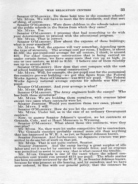 Senate Document, War Relocation Centers: Hearings Before a Subcommittee of the Committee on Military Affairs, United States Senate…, 1943, documenting hearings that occurred on January 20, 27, and 28, 1943. Papers of Dillon S. Myer. 