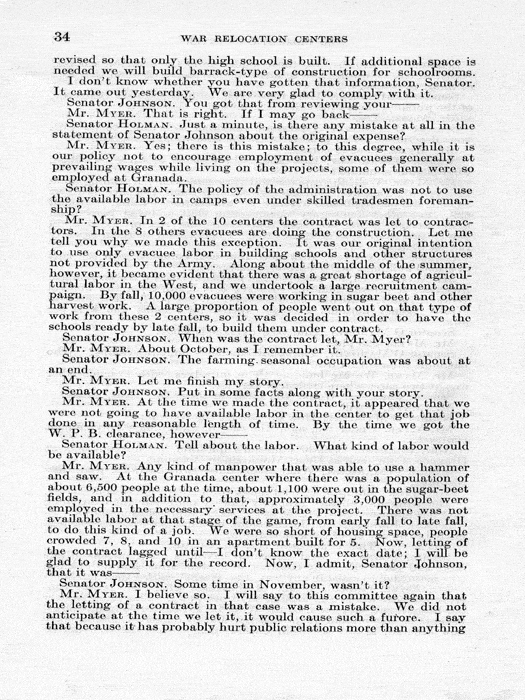 Senate Document, War Relocation Centers: Hearings Before a Subcommittee of the Committee on Military Affairs, United States Senate…, 1943, documenting hearings that occurred on January 20, 27, and 28, 1943. Papers of Dillon S. Myer. 