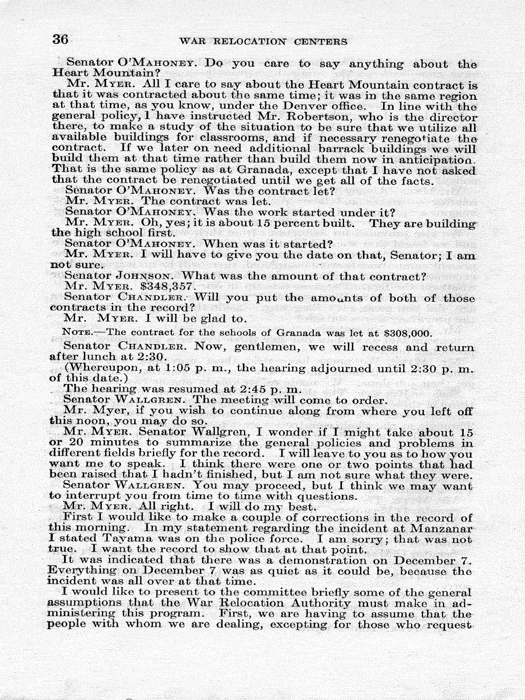 Senate Document, War Relocation Centers: Hearings Before a Subcommittee of the Committee on Military Affairs, United States Senate…, 1943, documenting hearings that occurred on January 20, 27, and 28, 1943. Papers of Dillon S. Myer. 