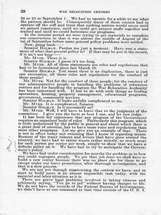 Senate Document, War Relocation Centers: Hearings Before a Subcommittee of the Committee on Military Affairs, United States Senate…, 1943, documenting hearings that occurred on January 20, 27, and 28, 1943. Papers of Dillon S. Myer. 