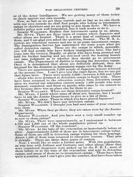 Senate Document, War Relocation Centers: Hearings Before a Subcommittee of the Committee on Military Affairs, United States Senate…, 1943, documenting hearings that occurred on January 20, 27, and 28, 1943. Papers of Dillon S. Myer. 