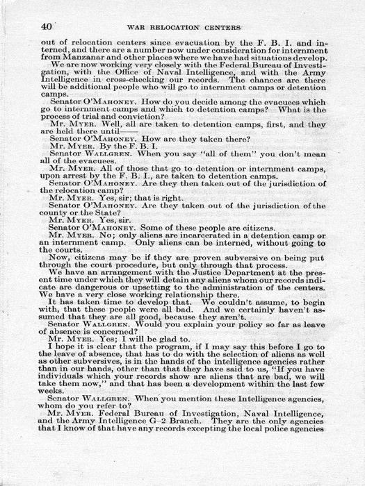 Senate Document, War Relocation Centers: Hearings Before a Subcommittee of the Committee on Military Affairs, United States Senate…, 1943, documenting hearings that occurred on January 20, 27, and 28, 1943. Papers of Dillon S. Myer. 