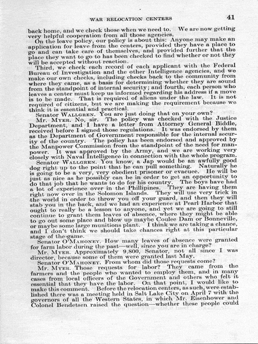 Senate Document, War Relocation Centers: Hearings Before a Subcommittee of the Committee on Military Affairs, United States Senate…, 1943, documenting hearings that occurred on January 20, 27, and 28, 1943. Papers of Dillon S. Myer. 