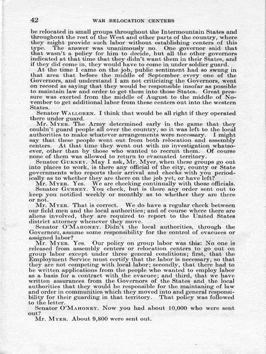 Senate Document, War Relocation Centers: Hearings Before a Subcommittee of the Committee on Military Affairs, United States Senate…, 1943, documenting hearings that occurred on January 20, 27, and 28, 1943. Papers of Dillon S. Myer. 