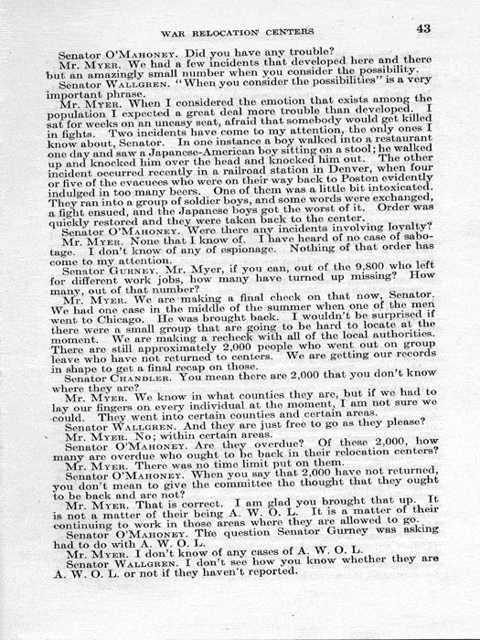 Senate Document, War Relocation Centers: Hearings Before a Subcommittee of the Committee on Military Affairs, United States Senate…, 1943, documenting hearings that occurred on January 20, 27, and 28, 1943. Papers of Dillon S. Myer. 