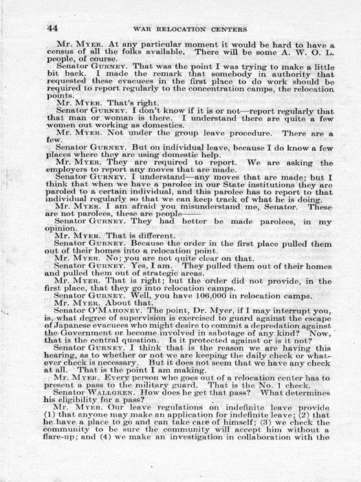 Senate Document, War Relocation Centers: Hearings Before a Subcommittee of the Committee on Military Affairs, United States Senate…, 1943, documenting hearings that occurred on January 20, 27, and 28, 1943. Papers of Dillon S. Myer. 