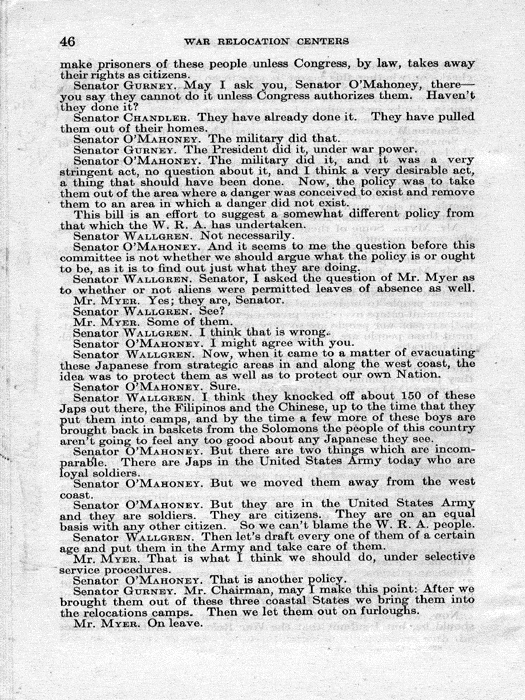 Senate Document, War Relocation Centers: Hearings Before a Subcommittee of the Committee on Military Affairs, United States Senate…, 1943, documenting hearings that occurred on January 20, 27, and 28, 1943. Papers of Dillon S. Myer. 