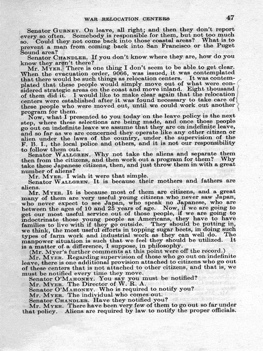 Senate Document, War Relocation Centers: Hearings Before a Subcommittee of the Committee on Military Affairs, United States Senate…, 1943, documenting hearings that occurred on January 20, 27, and 28, 1943. Papers of Dillon S. Myer. 