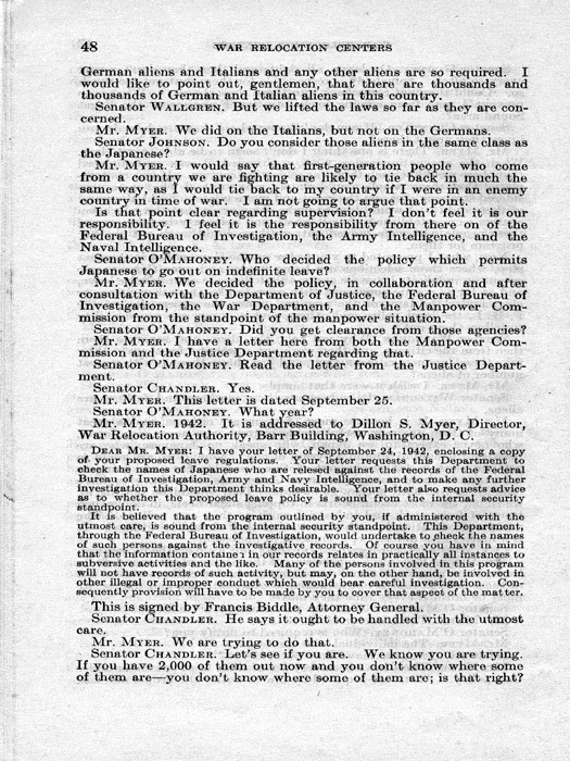 Senate Document, War Relocation Centers: Hearings Before a Subcommittee of the Committee on Military Affairs, United States Senate…, 1943, documenting hearings that occurred on January 20, 27, and 28, 1943. Papers of Dillon S. Myer. 