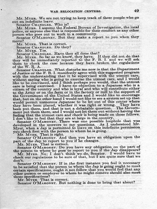 Senate Document, War Relocation Centers: Hearings Before a Subcommittee of the Committee on Military Affairs, United States Senate…, 1943, documenting hearings that occurred on January 20, 27, and 28, 1943. Papers of Dillon S. Myer. 