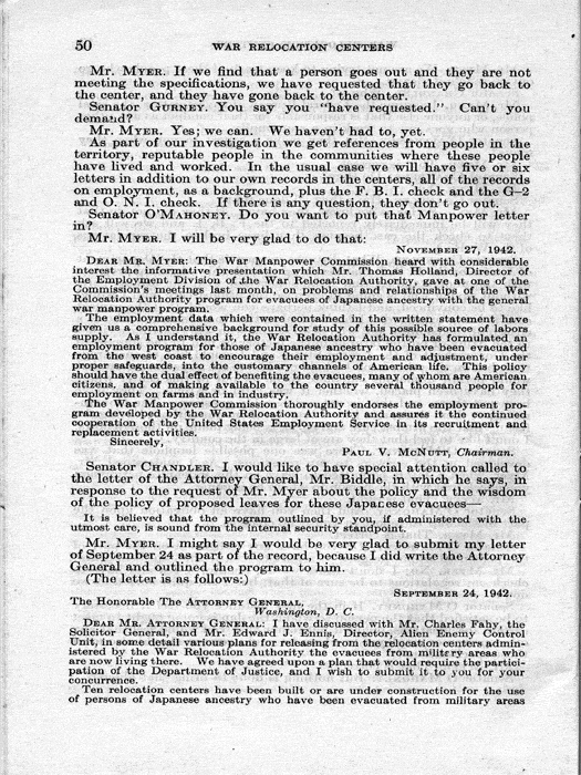 Senate Document, War Relocation Centers: Hearings Before a Subcommittee of the Committee on Military Affairs, United States Senate…, 1943, documenting hearings that occurred on January 20, 27, and 28, 1943. Papers of Dillon S. Myer. 