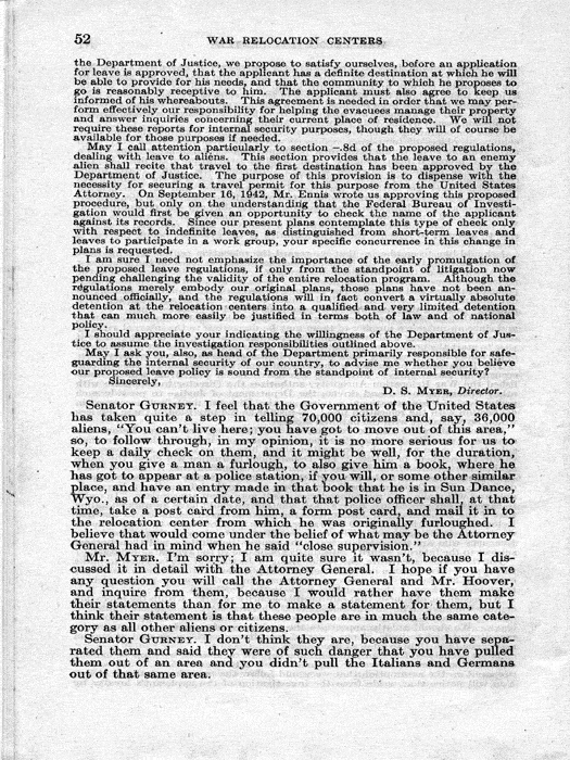 Senate Document, War Relocation Centers: Hearings Before a Subcommittee of the Committee on Military Affairs, United States Senate…, 1943, documenting hearings that occurred on January 20, 27, and 28, 1943. Papers of Dillon S. Myer. 