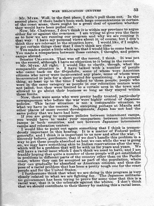 Senate Document, War Relocation Centers: Hearings Before a Subcommittee of the Committee on Military Affairs, United States Senate…, 1943, documenting hearings that occurred on January 20, 27, and 28, 1943. Papers of Dillon S. Myer. 