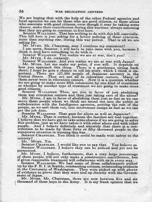 Senate Document, War Relocation Centers: Hearings Before a Subcommittee of the Committee on Military Affairs, United States Senate…, 1943, documenting hearings that occurred on January 20, 27, and 28, 1943. Papers of Dillon S. Myer. 