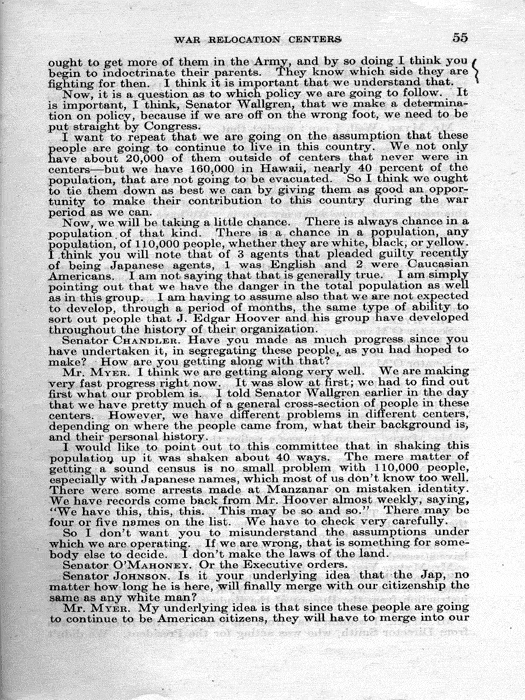 Senate Document, War Relocation Centers: Hearings Before a Subcommittee of the Committee on Military Affairs, United States Senate…, 1943, documenting hearings that occurred on January 20, 27, and 28, 1943. Papers of Dillon S. Myer. 