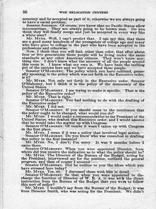 Senate Document, War Relocation Centers: Hearings Before a Subcommittee of the Committee on Military Affairs, United States Senate…, 1943, documenting hearings that occurred on January 20, 27, and 28, 1943. Papers of Dillon S. Myer. 