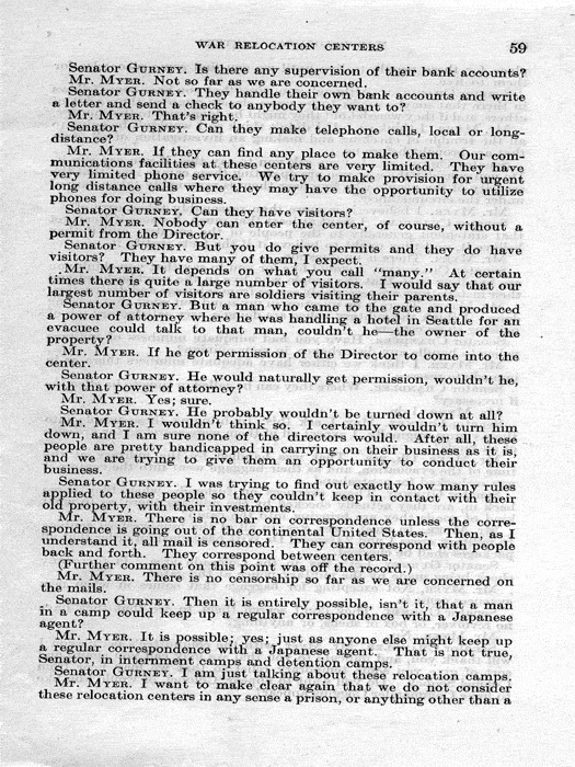 Senate Document, War Relocation Centers: Hearings Before a Subcommittee of the Committee on Military Affairs, United States Senate…, 1943, documenting hearings that occurred on January 20, 27, and 28, 1943. Papers of Dillon S. Myer. 